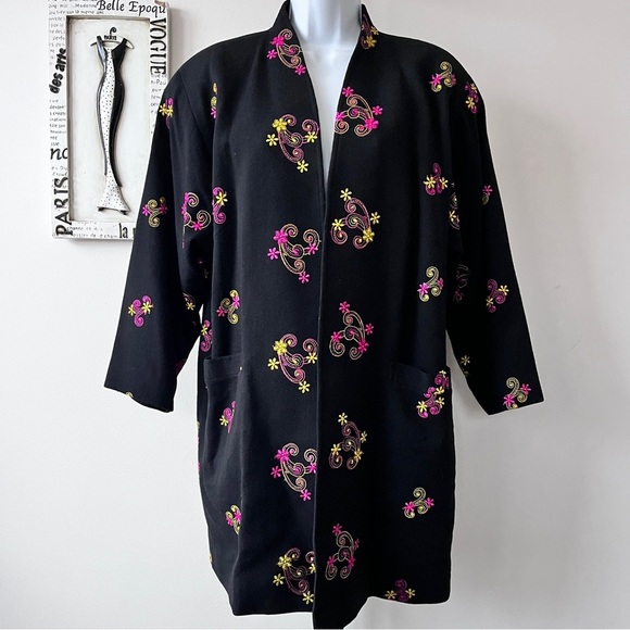 Vintage Jackets & Blazers - Vintage Black Japanese Haori Pink And Yellow Floral Embroidered Boho Duster